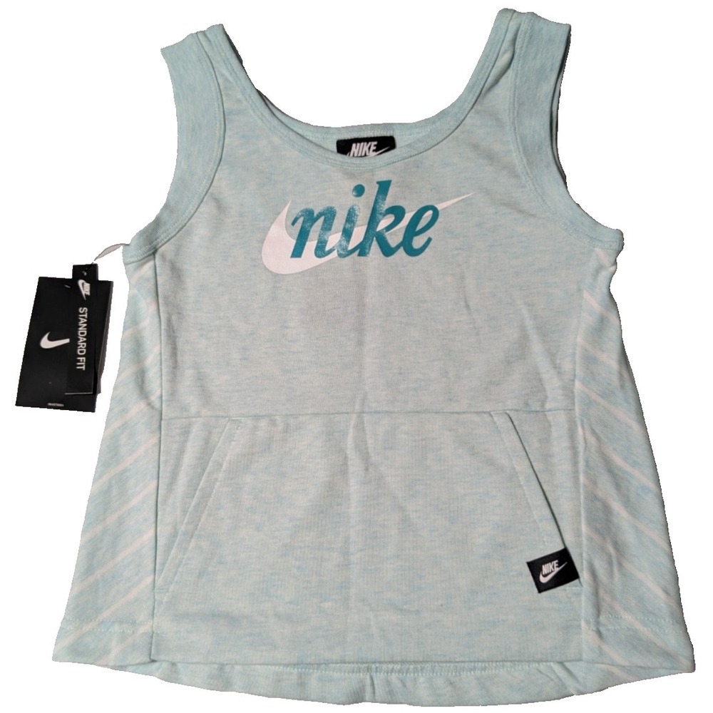 NIKE STANDARD FIT Girls Small Aqua Cotton Rayon Blend Kangaroo Pocket Tank NEW